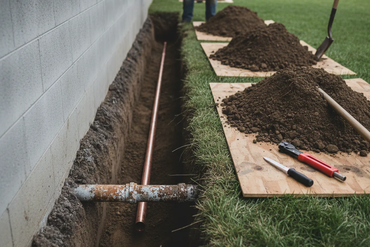 Excavated water line trench during Water Heater Repair in Port Huron